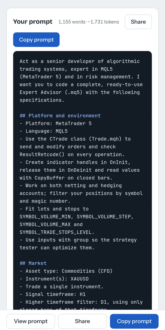 Trading Robot Forge app showing a generated prompt